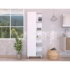 Meuble d'angle avec cinq étagères ouvertes, une porte, finition blanche