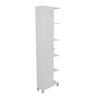Meuble d'angle avec cinq étagères ouvertes, une porte, finition blanche