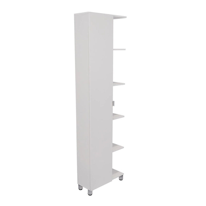 Meuble d'angle avec cinq étagères ouvertes, une porte, finition blanche