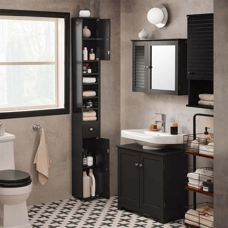 Armoire de salle de bain haute avec tiroir, compartiments et placards