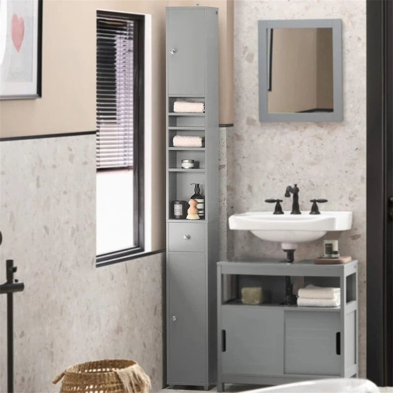 Armoire de salle de bain haute avec tiroir, compartiments et placards