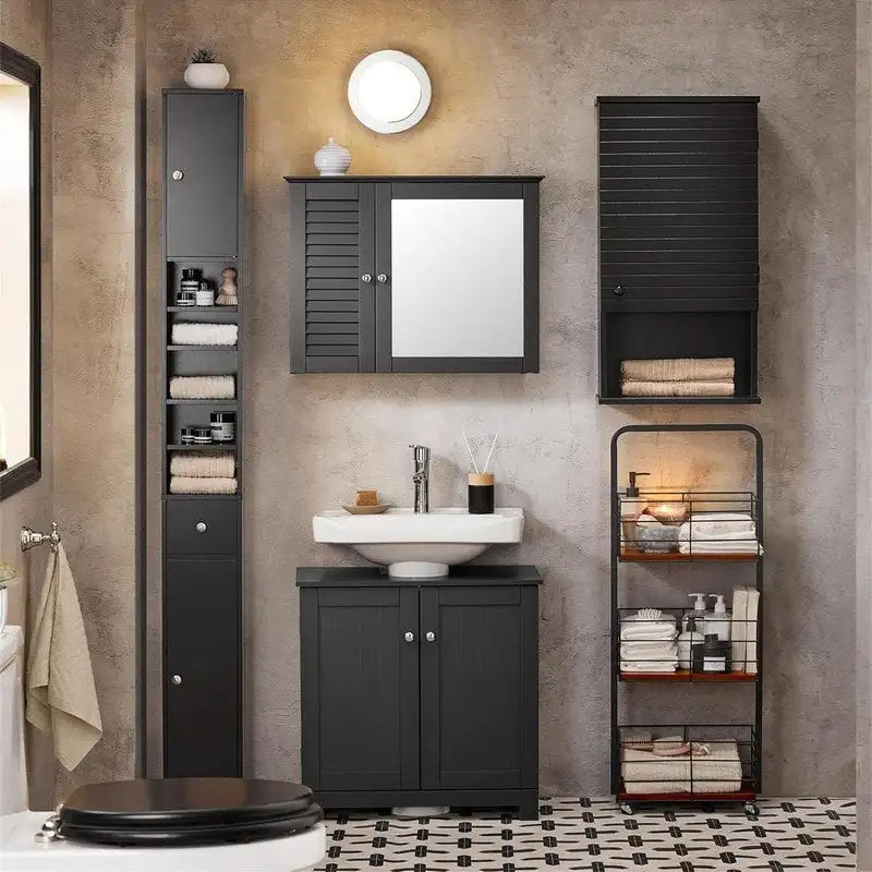 Armoire de salle de bain haute avec tiroir, compartiments et placards