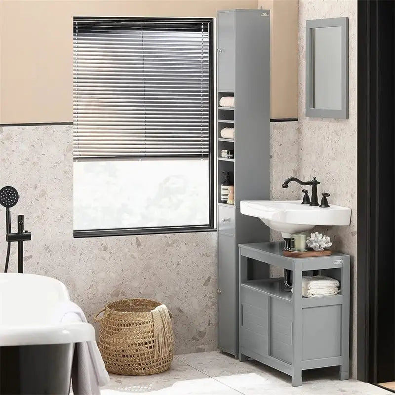 Armoire de salle de bain haute avec tiroir, compartiments et placards