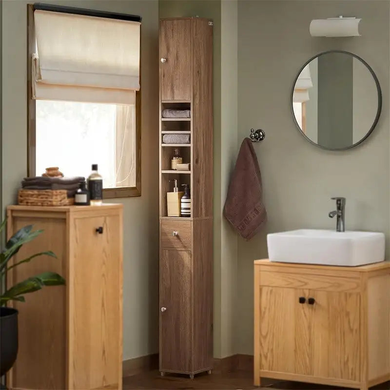 Armoire de salle de bain haute avec tiroir, compartiments et placards