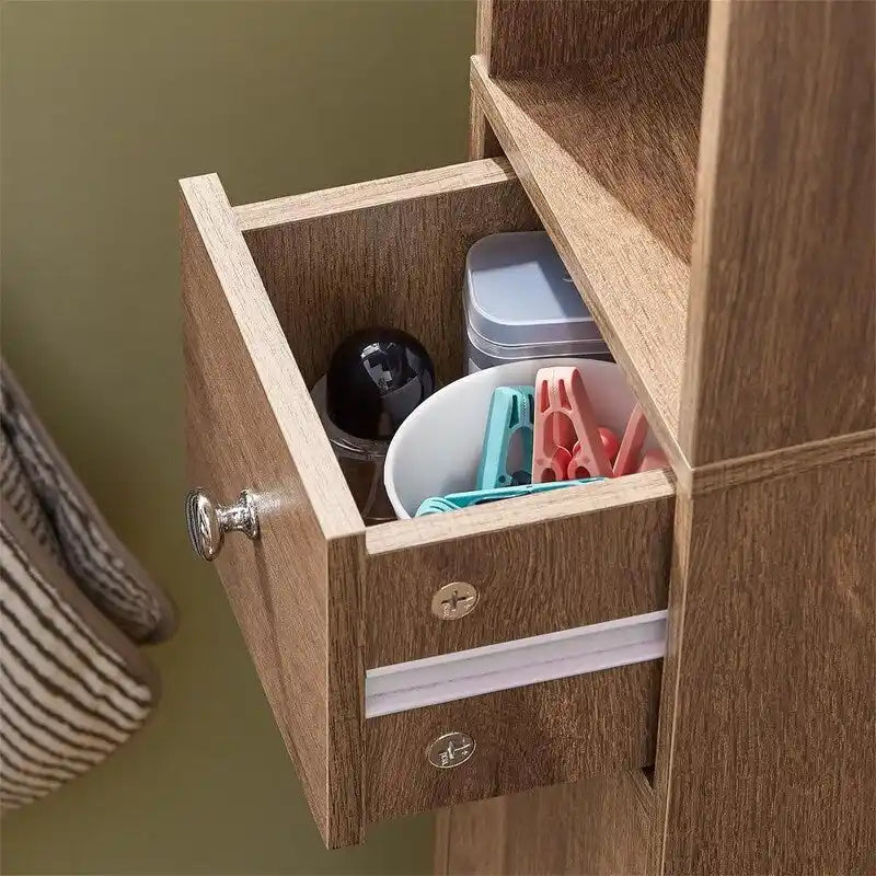 Armoire de salle de bain haute avec tiroir, compartiments et placards