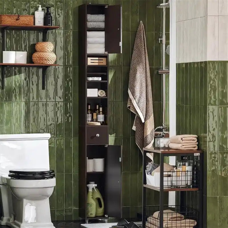 Armoire de salle de bain haute avec tiroir, compartiments et placards