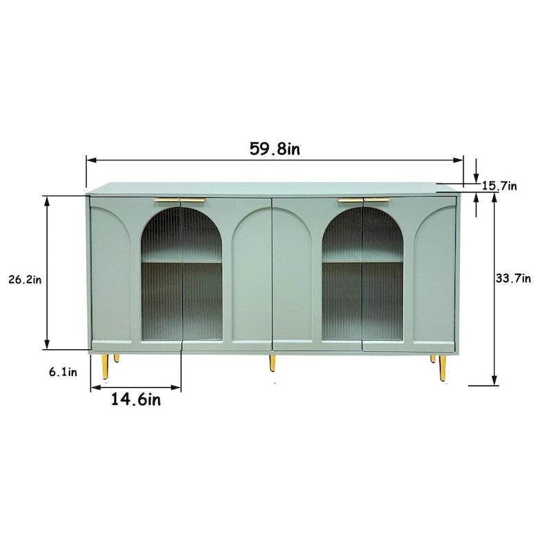 Meuble d'appoint vert menthe avec portes en verre cannelé et étagères réglables